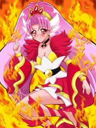 Rule 34 | 1girl, akagi towa, annon (wtvt), belt, bracelet, breasts, choker, cleavage, cure scarlet, detached sleeves, earrings, fiery background, fire, full body, go! princess precure, gradient background, jewelry, long hair, magical girl, parted bangs, pink hair, pointy ears, precure, red eyes, red footwear, red skirt, shoes, skirt, small breasts, smile, solo