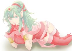 Rule 34 | 1girl, aged up, bad id, bad pixiv id, boots, cape, dress, fire emblem, fire emblem awakening, green eyes, green hair, hair ornament, hair ribbon, head rest, high heel boots, high heels, interlocked fingers, long hair, looking at viewer, lying, matching hair/eyes, nakahashiyuki, nintendo, pointy ears, ponytail, ribbon, smile, solo, thigh boots, thighhighs, tiki (adult) (fire emblem), tiki (fire emblem)