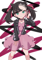 Rule 34 | 1girl, absurdres, asymmetrical bangs, asymmetrical hair, black choker, black hair, black jacket, breasts, choker, closed mouth, cowboy shot, creatures (company), dress, game freak, green eyes, hair ribbon, highres, holding, holding own hair, jacket, looking at viewer, marnie (pokemon), nintendo, open clothes, open jacket, patterned background, pink dress, pink ribbon, pokemon, pokemon swsh, ribbon, rono (lethys), small breasts, smile, solo, twintails, white background