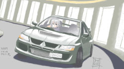 Rule 34 | 1girl, armored core, armored core last raven, car, driving, female focus, from software, hier, mitsubishi, mitsubishi lancer, motor vehicle, road, short hair, solo, vehicle, white hair, zinaida