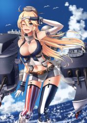 Rule 34 | 1girl, asymmetrical legwear, bad id, bad pixiv id, blonde hair, blue eyes, blue sky, breasts, cannon, cloud, cowboy shot, day, elbow gloves, fingerless gloves, front-tie top, garter straps, gloves, iowa (kancolle), itsuwa (continue), kantai collection, large breasts, machinery, miniskirt, mismatched legwear, one eye closed, open mouth, outdoors, skirt, sky, solo, star-shaped pupils, star (symbol), striped clothes, striped thighhighs, symbol-shaped pupils, thighhighs, turret, vertical-striped clothes, vertical-striped thighhighs, zettai ryouiki