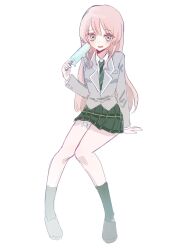 Rule 34 | 1girl, anon8p, bang dream!, bang dream! it&#039;s mygo!!!!!, chihaya anon, collared shirt, commentary request, fang, food, full body, green necktie, green skirt, green socks, grey eyes, grey footwear, grey jacket, haneoka school uniform, highres, holding, holding food, holding popsicle, invisible chair, jacket, kneehighs, korean commentary, long hair, long sleeves, looking at viewer, necktie, parted lips, pink hair, plaid, plaid skirt, pleated skirt, popsicle, school uniform, shirt, simple background, sitting, skin fang, skirt, socks, solo, white background, white shirt