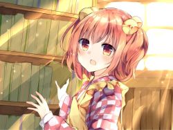 Rule 34 | 1girl, apron, bad id, bad twitter id, blush, book, brown eyes, brown hair, checkered clothes, checkered kimono, hair bobbles, hair ornament, indoors, japanese clothes, karasusou nano, kimono, long sleeves, looking at viewer, motoori kosuzu, open mouth, shelf, solo, sunlight, touhou, twintails, upper body, window, yellow apron