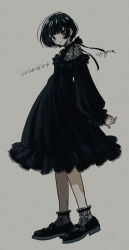Rule 34 | 1girl, absurdres, akiyama enma, black dress, black hair, black theme, blunt bangs, dated, dress, earrings, frills, from side, highres, jewelry, lace, lace trim, long sleeves, mary janes, medium dress, original, red eyes, shoes, short hair, signature, smile, solo