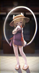 Rule 34 | 1girl, absurdres, blonde hair, blurry, blurry background, brown footwear, brown hat, chii (tsumami tsumamare), closed mouth, dress, full body, hat, highres, long sleeves, looking at viewer, moriya&#039;s iron rings, moriya suwako, outdoors, purple dress, sidelocks, sleeves past fingers, sleeves past wrists, smile, solo, standing, thighhighs, touhou, white thighhighs, wide sleeves, yellow eyes