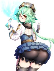Rule 34 | 1girl, absurdres, animal ears, aqua hair, artist request, ass, bike shorts, blush, cameltoe, from behind, garter straps, genshin impact, glasses, gloves, green hair, hat, hehehzb, highres, long hair, looking at viewer, looking back, low ponytail, miniskirt, multicolored hair, ponytail, shiny clothes, shiny skin, skirt, solo, sucrose (genshin impact), thighhighs, two-tone hair