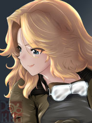 Rule 34 | 1girl, black shirt, blonde hair, blue eyes, brown jacket, closed mouth, commentary request, girls und panzer, goggles, goggles around neck, hair intakes, highres, jacket, kay (girls und panzer), long hair, looking to the side, on one knee, open mouth, partial commentary, saunders military uniform, shirt, smirk, solo, yoyokkun