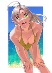 Rule 34 | 1girl, bikini, breasts, cleavage, collarbone, grey hair, highres, kantai collection, kinugasa (kancolle), large breasts, leaning forward, long hair, looking at viewer, ojipon, open mouth, smile, solo, standing, swimsuit, yellow bikini