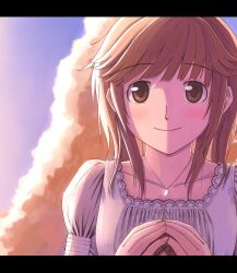 Rule 34 | 1girl, absurdres, amagami, birthday, blush, brown eyes, brown hair, close-up, closed mouth, cloud, collarbone, commentary, cumulonimbus cloud, dress, dusk, frilled dress, frills, gradient sky, highres, jewelry, letterboxed, looking at viewer, medium hair, mistamaga, necklace, outdoors, own hands together, pendant, portrait, puffy short sleeves, puffy sleeves, purple sky, sakurai rihoko, short sleeves, sky, smile, solo, steepled fingers, white dress