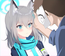 Rule 34 | 1boy, 1girl, animal ear fluff, animal ears, black jacket, blue archive, blue eyes, blue halo, blue necktie, blue scarf, blush, closed mouth, commentary request, cross hair ornament, doodle sensei (blue archive), eko, grey hair, hair between eyes, hair ornament, halo, highres, jacket, looking at another, medium hair, mismatched pupils, necktie, open clothes, open jacket, paper, partial commentary, scarf, school uniform, sensei (blue archive), shiroko (blue archive), shirt, simple background, white background, white shirt, wolf ears