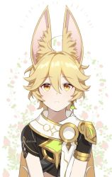 Rule 34 | 1boy, aether (genshin impact), animal ears, ar (rikuesuto), blonde hair, closed mouth, commentary request, floral background, genshin impact, hair between eyes, jackal ears, kemonomimi mode, looking at viewer, male focus, orange eyes, short sleeves, simple background, yellow eyes