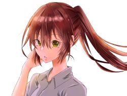 Rule 34 | 1girl, arm at side, brown hair, collared shirt, eyelashes, green eyes, grey shirt, hair between eyes, hair intakes, hand in own hair, hand to head, hand up, lips, long hair, looking up, muramitsu (d3jgv), original, parted lips, ponytail, ruffling hair, shirt, short sleeves, sidelocks, simple background, solo, standing, teeth, upper body, white background, wing collar