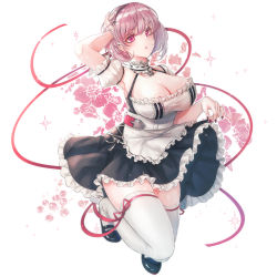 Rule 34 | 1girl, anchor choker, apron, azur lane, black footwear, black nails, blush, breasts, choker, cleavage, clothes lift, collarbone, dress, dress lift, eyelashes, frilled apron, frilled choker, frills, hair between eyes, hairband, hand in own hair, hand up, highres, kyogoku-uru, lace-trimmed hairband, lace trim, large breasts, looking at viewer, maid apron, nail polish, parted lips, pink eyes, puffy sleeves, red ribbon, ribbon, short hair, short sleeves, silver hair, sirius (azur lane), solo, thighhighs, waist apron, white apron, white thighhighs