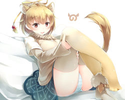 Rule 34 | 1girl, :d, absurdres, animal ear fluff, blonde hair, boots, bun cover, camel ears, camel tail, commentary request, dromedary (kemono friends), extra ears, fur collar, hair bun, highres, japari symbol, kanzakietc, kemono friends, layered sleeves, long sleeves, looking at viewer, open mouth, panties, pantyshot, pillow, plaid, plaid panties, red eyes, short hair, short over long sleeves, short sleeves, single boot, single hair bun, skirt, smile, solo, tail, thighhighs, underwear