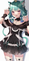Rule 34 | 1girl, :d, ahoge, animal, animal ears, animal on head, bird, bird on head, black choker, black dress, blue hair, blush, bow, cat ears, cat girl, cat tail, chick, choker, claw pose, collarbone, colored tips, cowboy shot, dress, ear ribbon, fang, fingernails, frilled dress, frilled straps, frilled thighhighs, frills, garter straps, gothic lolita, green hair, green nails, hair ornament, hair ribbon, highres, hololive, isana (isn kn), lolita fashion, low twintails, multicolored hair, nail polish, off-shoulder dress, off shoulder, on head, open mouth, piyoko (uruha rushia), pom pom (clothes), pom pom hair ornament, red eyes, ribbon, see-through, see-through sleeves, short dress, short hair, short sleeves, short twintails, skin fang, skull hair ornament, smile, solo, tail, thighhighs, twintails, two-tone hair, uruha rushia, uruha rushia (3rd costume), virtual youtuber, white garter straps, white thighhighs, wristband