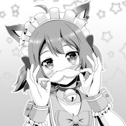 Rule 34 | 1girl, ahoge, animal ear fluff, animal ears, animare, bell, blush, bow, choker, closed mouth, collarbone, commentary request, dog ears, fake facial hair, fake mustache, greyscale, hands up, highres, holding, jingle bell, looking at viewer, maid headdress, miso panda, monochrome, nanashi inc., neck bell, sailor collar, smile, solo, souya ichika, souya ichika (2nd costume), star (symbol), starry background, two side up, upper body, virtual youtuber, wrist cuffs