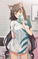 Rule 34 | 1girl, absurdres, animal ear fluff, animal ears, bad id, bad pixiv id, black hair, blurry, blurry background, blush, breasts, cat ears, cat girl, cellphone, cowboy shot, damwon gaming, depth of field, green eyes, highres, holding, holding phone, karyl (princess connect!), long hair, medium breasts, meme, multicolored hair, no pants, noah (pixiv), pajamas challenge, phone, princess connect!, selfie, shirt, smile, solo, standing, streaked hair, t-shirt, twintails, very long hair