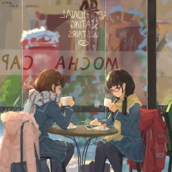 Rule 34 | 2girls, bag, black hair, brown hair, cafe, cake, cellphone, chair, cup, food, glasses, hair ornament, hairpin, highres, holding, holding cup, jacket, long hair, multiple girls, original, pantyhose, phone, scarf, school bag, school uniform, short hair, sitting, smartphone, smile, snow, twintails, xilmo