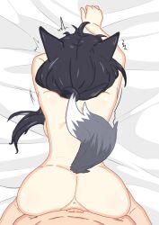 Rule 34 | 1boy, 1girl, animal ears, ass, azur lane, back, bed sheet, black hair, completely nude, deep penetration, doggystyle, grey tail, highres, nude, on bed, ponytail, sbeve2004, sex, sex from behind, sheet grab, shigure (azur lane), tail