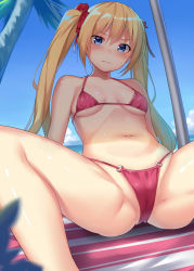 Rule 34 | 1girl, alexmaster, arm support, beach, bikini, blonde hair, blue eyes, blush, breasts, closed mouth, collarbone, d:, day, frown, groin, hair ribbon, leaning back, long hair, looking at viewer, navel, open mouth, original, outdoors, palm tree, pink bikini, red ribbon, ribbon, shiny skin, small breasts, solo, spread legs, stomach, sweat, swimsuit, thighs, towel, tree, twintails, umbrella, wavy mouth