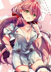 Rule 34 | 1girl, :d, akashi (kancolle), alternate costume, breasts, cleavage, digital thermometer, gloves, green eyes, hair ribbon, hat, highres, kantai collection, long hair, looking at viewer, medium breasts, nanahamu, nurse, nurse cap, open mouth, pink hair, ribbon, smile, solo, thermometer, tress ribbon, very long hair, white gloves