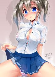 Rule 34 | 1girl, blue eyes, blue skirt, blush, breasts, brown background, brown hair, bursting breasts, cleavage, clothes lift, collared shirt, copyright request, covered erect nipples, dated, embarrassed, gluteal fold, gradient background, horizontal-striped panties, large breasts, lifted by self, looking at viewer, mokufuu, open mouth, panties, pink panties, pleated skirt, shadow, shirt, short sleeves, sitting, skirt, skirt lift, solo, spread legs, striped clothes, striped panties, thighs, twintails, underwear, upskirt, white panties, white shirt