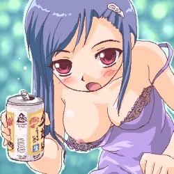 Rule 34 | 1girl, alcohol, beer, blue hair, blush, breasts, downblouse, drunk, hair ornament, hairclip, large breasts, lingerie, lowres, nipple slip, nipples, oekaki, open mouth, red eyes, solo, strap slip, toushi ryoku, underwear