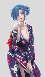 Rule 34 | 1girl, black nails, blue hair, breasts, cleavage, clothes lift, dress, dress lift, highres, japanese clothes, kimono, large breasts, lipstick, makeup, nail polish, ponytail, red eyes, red lips, skullgirls, sweatdrop, tge dilemma, valentine (skullgirls)