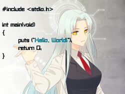 Rule 34 | 1girl, angela (project moon), black vest, blue hair, breasts, bright pupils, c (programming language), collared shirt, commentary request, english text, highres, ktsis, lab coat, large breasts, light blue hair, lobotomy corporation, long hair, long sleeves, necktie, parted bangs, programming, project moon, red necktie, shirt, side ponytail, solo, upper body, vest, white pupils, white shirt, yellow eyes