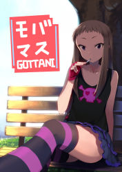 Rule 34 | 10s, 1girl, bare shoulders, bench, brown hair, candy, collarbone, fingerless gloves, food, forehead, frilled skirt, frills, gloves, idolmaster, idolmaster cinderella girls, koseki reina, lollipop, long hair, mouth hold, purple eyes, red gloves, sidelocks, sitting, skirt, skull and crossbones, solo, striped clothes, striped thighhighs, tank top, thighhighs, tomboy, translation request, yuki usagi (mofurafu)