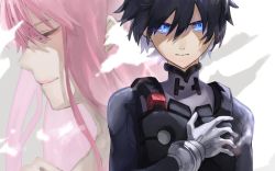 Rule 34 | 10s, 1boy, 1girl, black bodysuit, black hair, blue eyes, bodysuit, closed eyes, commentary request, couple, darling in the franxx, gloves, hand on own chest, hetero, hiro (darling in the franxx), long hair, looking at viewer, pilot suit, pink hair, sa nomaru, short hair, topless male, white gloves, zero two (darling in the franxx)