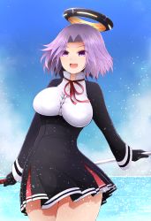 Rule 34 | 10s, 1girl, arano oki, black dress, black gloves, blue sky, breasts, cloud, cowboy shot, day, dress, gloves, halo, highres, kantai collection, large breasts, long sleeves, ocean, open mouth, purple eyes, purple hair, shirt, sky, solo, tatsuta (kancolle), thighs