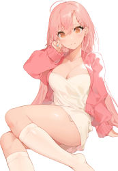 Rule 34 | 1girl, ahoge, akizone, blue nails, blush, breasts, cleavage, closed mouth, collarbone, commentary, dress, earrings, english commentary, eyelashes, flower earrings, hair between eyes, hair ornament, hairclip, highres, jacket, jewelry, kneehighs, large breasts, long hair, long sleeves, looking at viewer, multicolored nails, nail polish, open clothes, open jacket, orange eyes, orange nails, original, pink hair, pink jacket, short dress, simple background, sitting, socks, solo, straight hair, strapless, strapless dress, thighs, white background, white dress, white socks
