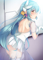 Rule 34 | 1girl, ass, backless dress, backless outfit, blue hair, blush, breasts, choker, commentary request, dragon girl, dragon horns, dress, earrings, fate/grand order, fate (series), from behind, garter straps, gloves, hair ornament, hand up, highres, horns, jewelry, kiyohime (fate), large breasts, leaning forward, long hair, looking at viewer, looking back, profile, see-through, short dress, shoulder blades, sidelocks, sideways glance, solo, standing, tongue, tongue out, very long hair, white choker, white dress, white gloves, yellow eyes, yuki kawachi