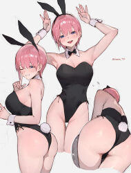 Rule 34 | 1girl, absurdres, alternate costume, animal ears, armpits, arms up, ass, bare legs, black leotard, blue eyes, breasts, detached collar, fake animal ears, finger to mouth, go-toubun no hanayome, grey background, highleg, highleg leotard, highres, index finger raised, large breasts, leotard, looking at viewer, multiple views, nakano ichika, pantyhose, pink hair, playboy bunny, rabbit ears, rabbit pose, short hair, shushing, signature, simple background, sooon, white wrist cuffs, wrist cuffs