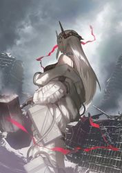 Rule 34 | absurdres, arknights, bare shoulders, black gloves, breasts, building, closed mouth, cloud, cloudy sky, collar, day, feet out of frame, from side, gloves, grey hair, gyoukan (jfxc), hammer, highres, holding, holding hammer, holding weapon, horns, infection monitor (arknights), large breasts, long hair, long sleeves, looking at viewer, looking to the side, mudrock (arknights), off shoulder, open clothes, outdoors, profile, red eyes, ruins, sideways glance, sky, smile, standing, very long hair, weapon