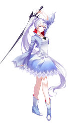 Rule 34 | 1girl, absurdres, arm up, bad id, bad pixiv id, blue dress, blue footwear, boots, breasts, collarbone, dress, earrings, full body, gradient dress, hands in opposite sleeves, highres, holding, holding sword, holding weapon, jewelry, knee boots, light smile, long hair, long sleeves, looking at viewer, medium breasts, necklace, no socks, parted lips, ponytail, purple eyes, rapier, ribbon, rwby, sheya, simple background, solo, standing, sword, tsurime, very long hair, weapon, wedge heels, weiss schnee, white background, white ribbon, wide sleeves