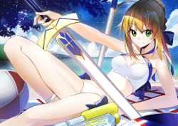 Rule 34 | 1girl, ahoge, artoria pendragon (all), artoria pendragon (fate), artoria pendragon (swimsuit archer) (fate), artoria pendragon (swimsuit archer) (first ascension) (fate), ball, beachball, blanket, blonde hair, blue bow, blue ribbon, blush, bow, breasts, cleavage, closed mouth, fate/grand order, fate/stay night, fate (series), fuotchan, green eyes, hair bow, holding, holding sword, holding weapon, looking at viewer, lying, medium breasts, on back, ribbon, saber (fate), sitting, smile, solo, swimsuit, sword, umbrella, water gun, weapon