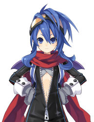 Rule 34 | &gt;:(, 10s, 1girl, bat wings, biker clothes, bikesuit, blue eyes, blue hair, blush, bodysuit, buttons, center opening, choujigen game neptune, cowboy shot, female focus, flat chest, frown, gloves, goggles, goggles on head, hair between eyes, hands on own hips, looking at viewer, matching hair/eyes, midriff, navel, neptune (series), nippon ichi (neptunia), official art, open clothes, red scarf, scarf, sidelocks, simple background, solo, tsunako, unzipped, v-shaped eyebrows, white background, wings, zipper