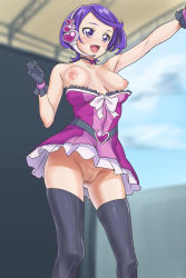 Rule 34 | 1girl, black gloves, black thighhighs, bouncing breasts, breasts, breasts out, censored, choker, dokidoki! precure, dress, fuooooo, gloves, gluteal fold, highres, kenzaki makoto, medium breasts, mosaic censoring, nipples, no bra, no panties, open mouth, precure, purple choker, purple dress, purple eyes, purple hair, pussy, shiny skin, short dress, short hair, smile, solo, standing, thighhighs, upskirt, wardrobe malfunction