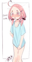 Rule 34 | 1girl, ahoge, blush, choker, eds, embarrassed, english text, female focus, hair bobbles, hair ornament, hairclip, happy (eds), highres, matching hair/eyes, open mouth, original, pink eyes, pink hair, shirt tug, short eyebrows, solo, white background
