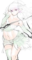 Rule 34 | 1girl, belt, bow (weapon), breasts, cleavage, closed mouth, expressionless, feet out of frame, fingerless gloves, floating hair, gloves, green belt, green gloves, green shorts, green thighhighs, green tube top, hair between eyes, half-skirt, head tilt, holding, holding bow (weapon), holding weapon, large breasts, long bangs, long hair, looking at viewer, midriff, navel, pink eyes, pointy ears, pouch, ragnarok online, ranger (ragnarok online), shorts, simple background, single thighhigh, solo, standing, strapless, thighhighs, tube top, tugmix, weapon, white background