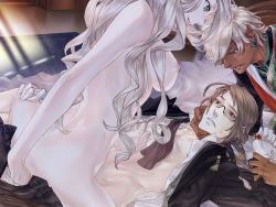Rule 34 | 1girl, 2boys, akutsu yoshiya, assertive female, blonde hair, breasts, brown eyes, brown hair, butler, clothed male nude female, clothed sex, clothes, cowgirl position, curly hair, dark skin, edric bran clonmacnoise, femdom, formal, game cg, girl on top, glasses, gloves, green eyes, hetero, jewelry, large breasts, long hair, multiple boys, narrow waist, nervous, nipples, nude, open clothes, pale skin, pointy ears, restrained, ring, sex, smile, straddling, suit, sweat, tees finvarra, toned, toned male, tsubasa no oka no hime, vaginal, vivian wingfield, white gloves
