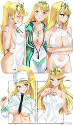 Rule 34 | 1girl, apron, blonde hair, blush, breasts, cleavage, cleavage cutout, closed eyes, clothing cutout, hand up, highres, icoo, large breasts, long hair, long sleeves, meme, multiple drawing challenge, multiple views, mythra (xenoblade), naked apron, navel cutout, one-piece swimsuit, ponytail, profile, shirt cut meme, shirt cut meme, sideboob, simple background, swimsuit, towel, underboob, white apron, white background, white headwear, white one-piece swimsuit, xenoblade chronicles (series), xenoblade chronicles 2, yellow eyes