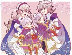 Rule 34 | 2boys, 2girls, aged down, blush, cape, carrying, corrin (female) (fire emblem), corrin (fire emblem), corrin (male) (fire emblem), corrin (male) (fire emblem), fire emblem, fire emblem awakening, fire emblem fates, fire emblem heroes, gloves, highres, hood, kiriya (552260), long hair, multiple boys, multiple girls, nintendo, open mouth, pointy ears, princess carry, red eyes, robin (female) (fire emblem), robin (fire emblem), robin (male) (fire emblem), short hair, smile, twintails, white hair