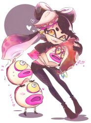 1girl black_footwear black_gloves black_hair black_shirt black_shorts bow bow-shaped_hair callie_(octo_idol_outfit)_(splatoon) callie_(splatoon) collar colored_skin cowlick creature crop_top earrings eye_mask eyelashes gloves gold_earrings heart heart-shaped_eyewear high_heels highres holding holding_creature jewelry leather leather_gloves long_hair mole mole_under_eye multicolored_hair nervous_sweating nintendo octoball octopus_hair_ornament octopus_sausage_earrings octotrooper okome_2g2g open_mouth panties pantyhose pink_leaf pink_lips pink_panties pink_shiso_leaf pointy_ears shirt shoes short_shorts shorts simple_background solo spiked_collar spiked_waistband spikes splatoon_(series) splatoon_2 spotted_hair standing suction_cups sweat symbol-shaped_pupils tentacle_hair twintails underwear very_long_hair white_background white_skin wide-eyed yellow_eyes