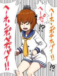 Rule 34 | !?, 1girl, brown hair, clenched hands, commentary request, dress, closed eyes, headgear, kantai collection, neckerchief, open mouth, sailor dress, short dress, solo, translation request, yoohei (pizzadev), yukikaze (kancolle)