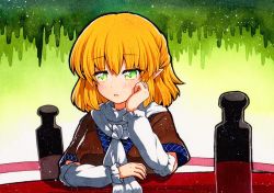 Rule 34 | 1girl, blonde hair, blush, bottle, breasts, brown shirt, brown sleeves, detached sleeves, gradient background, green background, green eyes, hair between eyes, long sleeves, looking away, medium breasts, mizuhashi parsee, open mouth, pointy ears, puffy short sleeves, puffy sleeves, qqqrinkappp, scarf, shirt, short hair, short sleeves, sitting, solo, table, touhou, traditional media, white background, white neckwear, white scarf, white sleeves