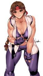 Rule 34 | 1girl, bowalia, breasts, brown hair, cleavage, clothes pull, large breasts, leggings, looking at viewer, muscular, muscular female, smile, solo, sports bra, the king of fighters, yuri sakazaki