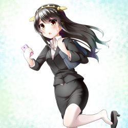 Rule 34 | 10s, 1girl, alternate costume, black hair, cellphone, faubynet, formal, hair ornament, hairband, hairclip, haruna (kancolle), highres, kantai collection, long hair, office lady, pantyhose, pencil skirt, personification, phone, revision, shoe dangle, skirt, skirt suit, smartphone, solo, suit
